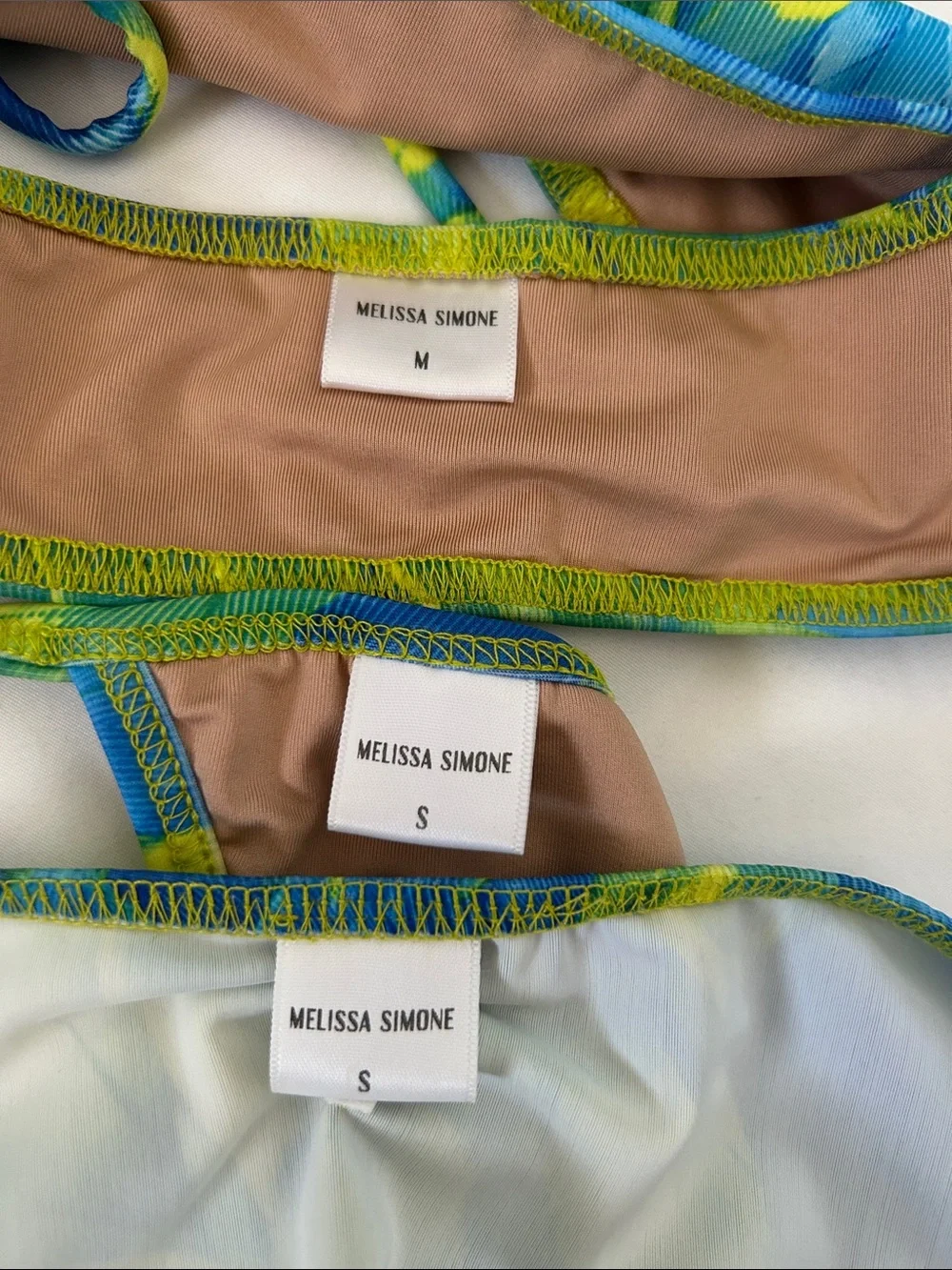 MELISSA SIMONE Enita Bikini Top Kyra Thong Bottom & Skirt in Blue & Green Floral